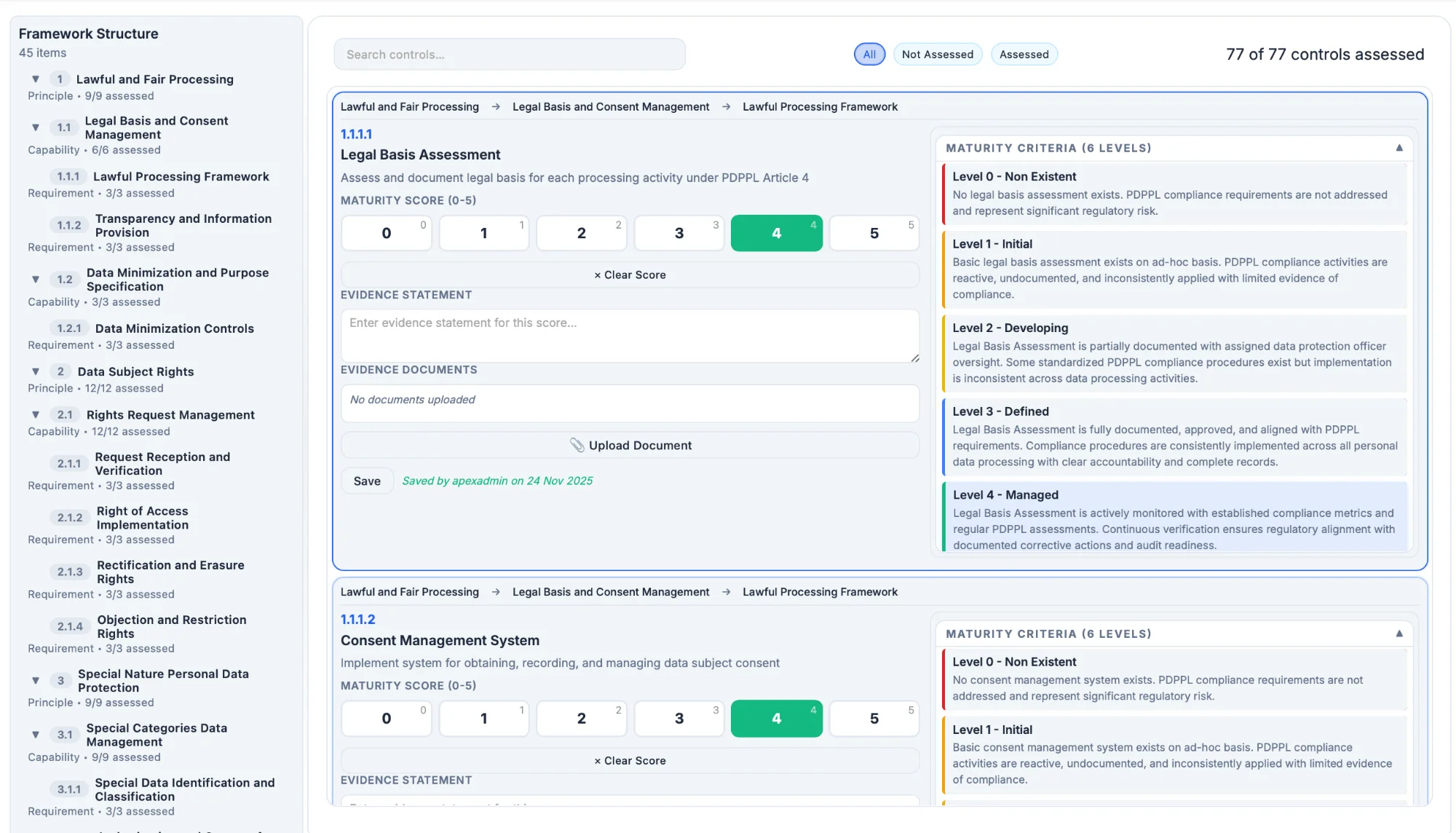 APEX Maturity Assessment tool for tracking governance capability levels